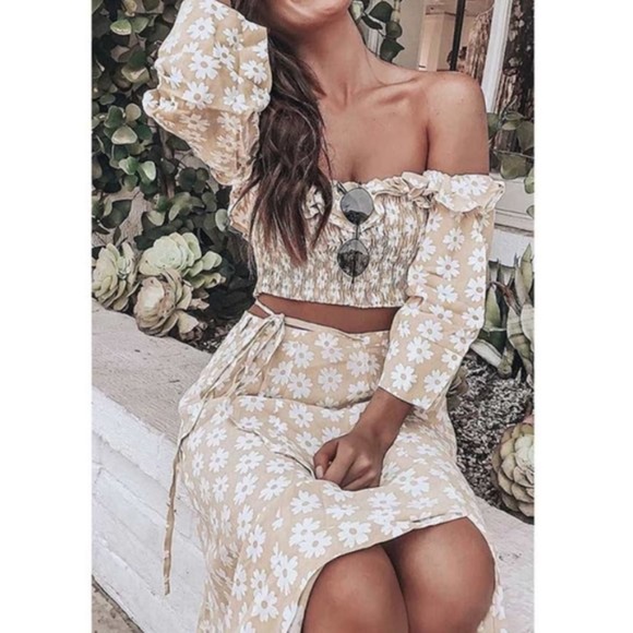 Boho floral ruffle Off Shoulder crop top Skirt set - Picture 4 of 5